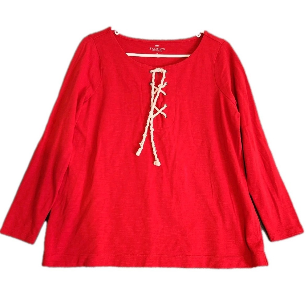 Talbots Womens Size XP Red Cream Rope Tie Neck Top Blouse Tunic Cotton Nautical